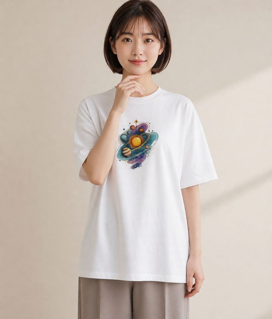 デザインTシャツ レディース 土星 星空 宇宙 イラスト ボタニカル 夏コーデ 通学 白T YMAZO