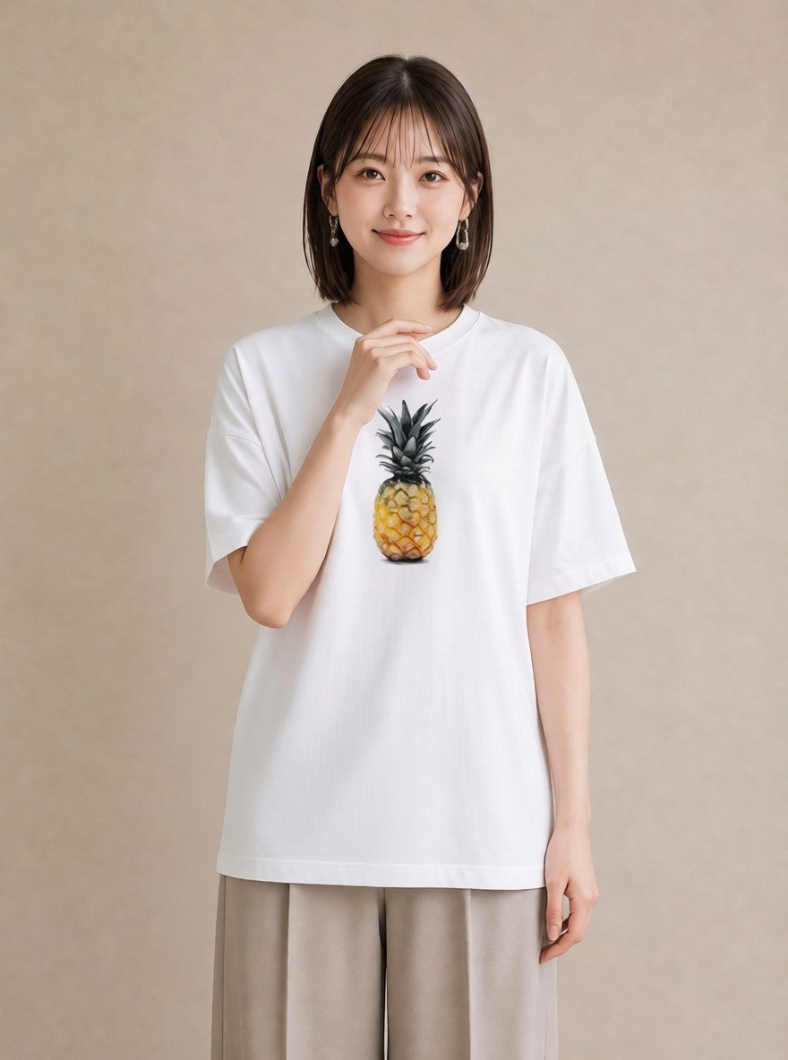 半袖Tシャツ レディース パイナップル 食べ物 フード イラスト ゆるかわ 社会人 女性 白T YMAZO