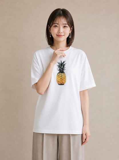 半袖Tシャツ レディース パイナップル 食べ物 フード イラスト ゆるかわ 社会人 女性 白T YMAZO