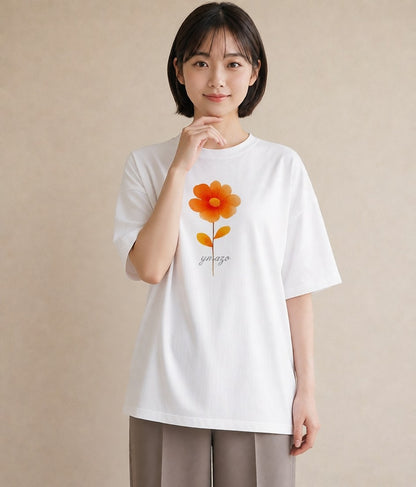 半袖Tシャツ レディース デイジー 花 花柄 イラスト 北欧風 通勤 在宅 白T