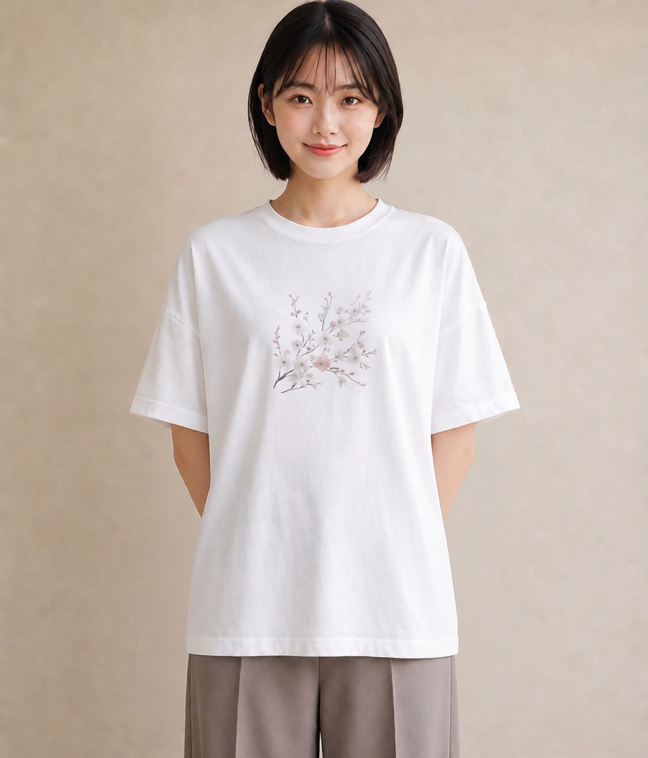 半袖Tシャツ レディース 梅 花 花柄 イラスト 普段着 週末コーデ 白T YMAZO