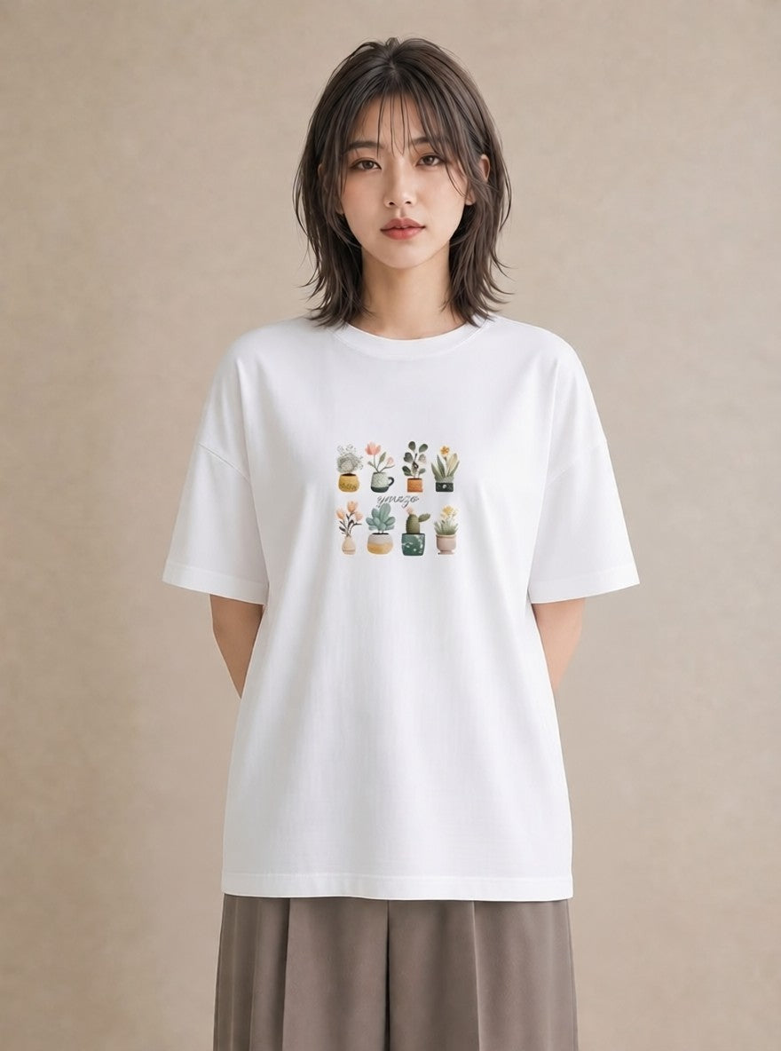 グラフィックTシャツ レディース 観葉植物 植物 ボタニカル イラスト 韓国風 おしゃれギフト 社会人 白T YMAZO