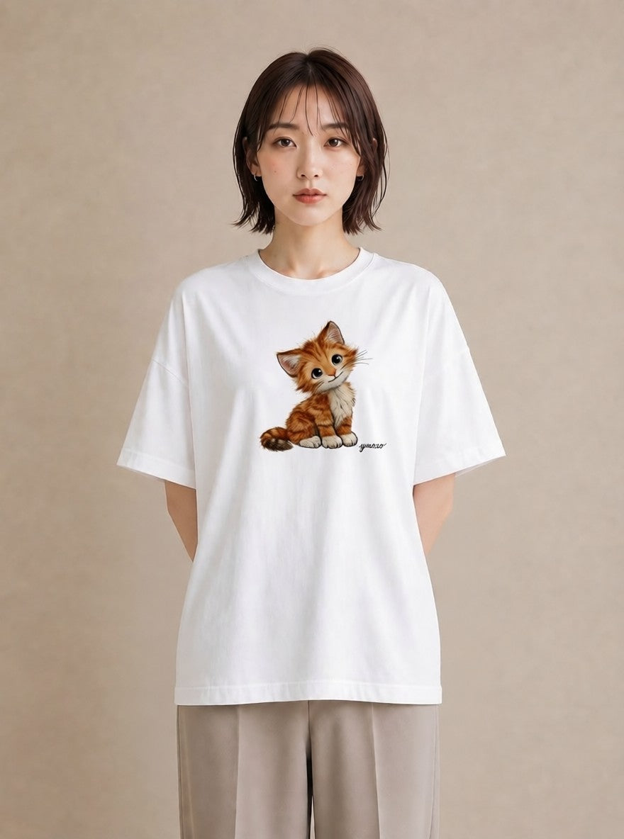 デザインTシャツ レディース 茶トラ 茶猫 猫 ねこ イラスト 北欧風 旅行用 海 白T YMAZO