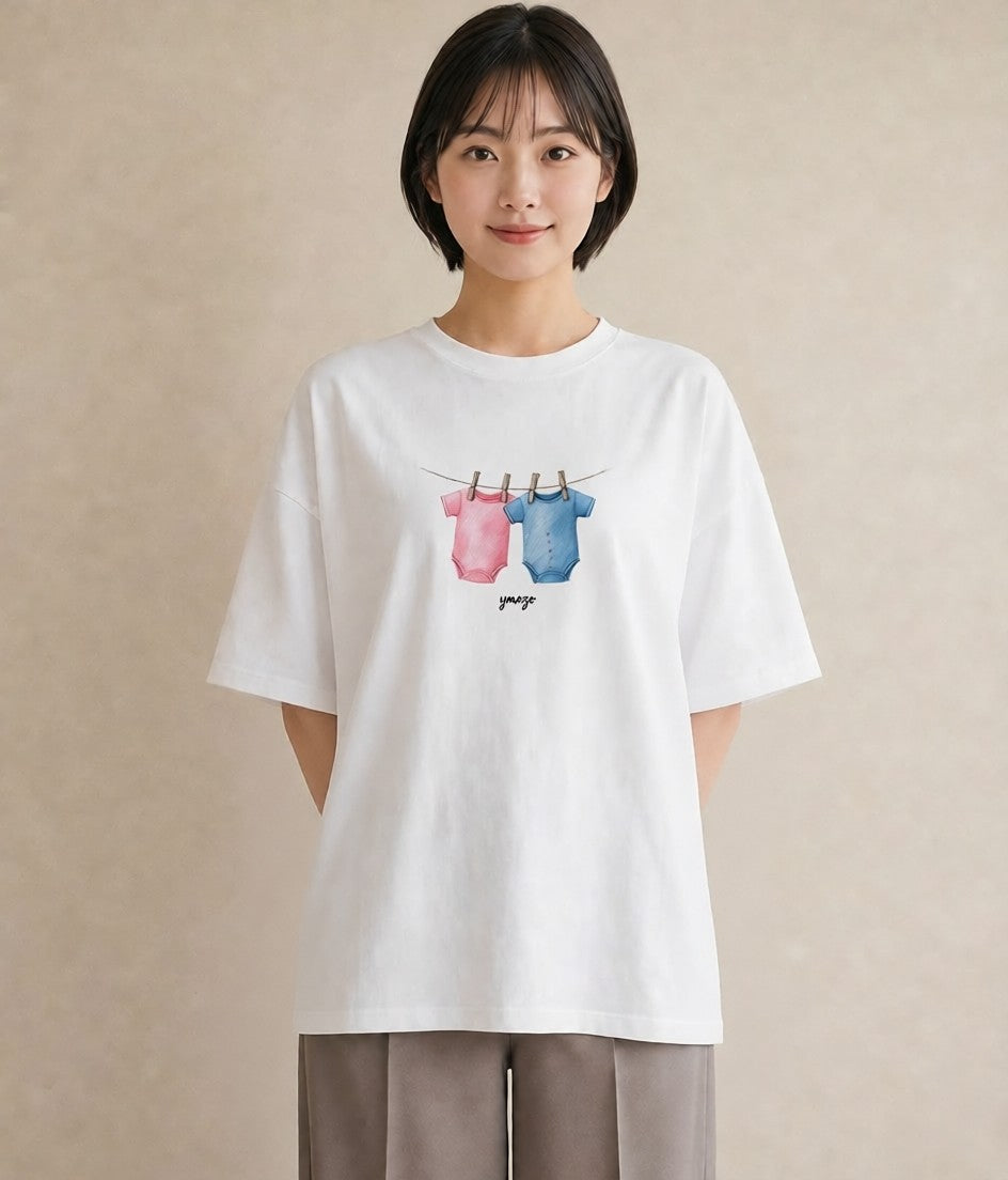 半袖Tシャツ レディース 洗濯物 風 ナチュラル アンティーク イラスト ガーリー ペアコーデ 秋コーデ 白T YMAZO