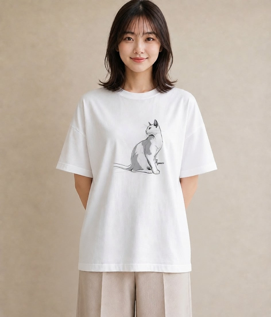 半袖Tシャツ レディース 白猫 猫 ねこ イラスト 抜け感 海 カフェ巡り 白T YMAZO