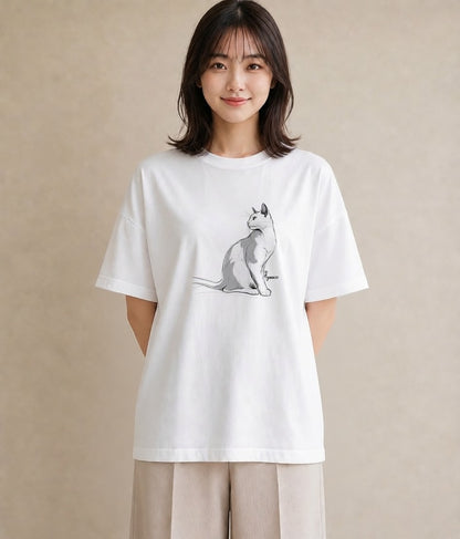 半袖Tシャツ レディース 白猫 猫 ねこ イラスト 抜け感 海 カフェ巡り 白T YMAZO