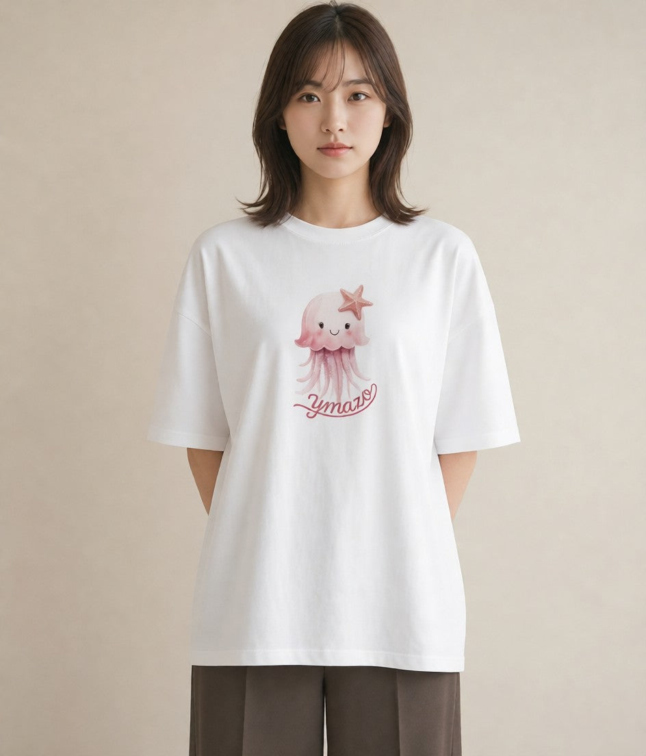 デザインTシャツ レディース イカ 海の生き物 海 イラスト ミニマル 旅行 母娘コーデ 白T YMAZO