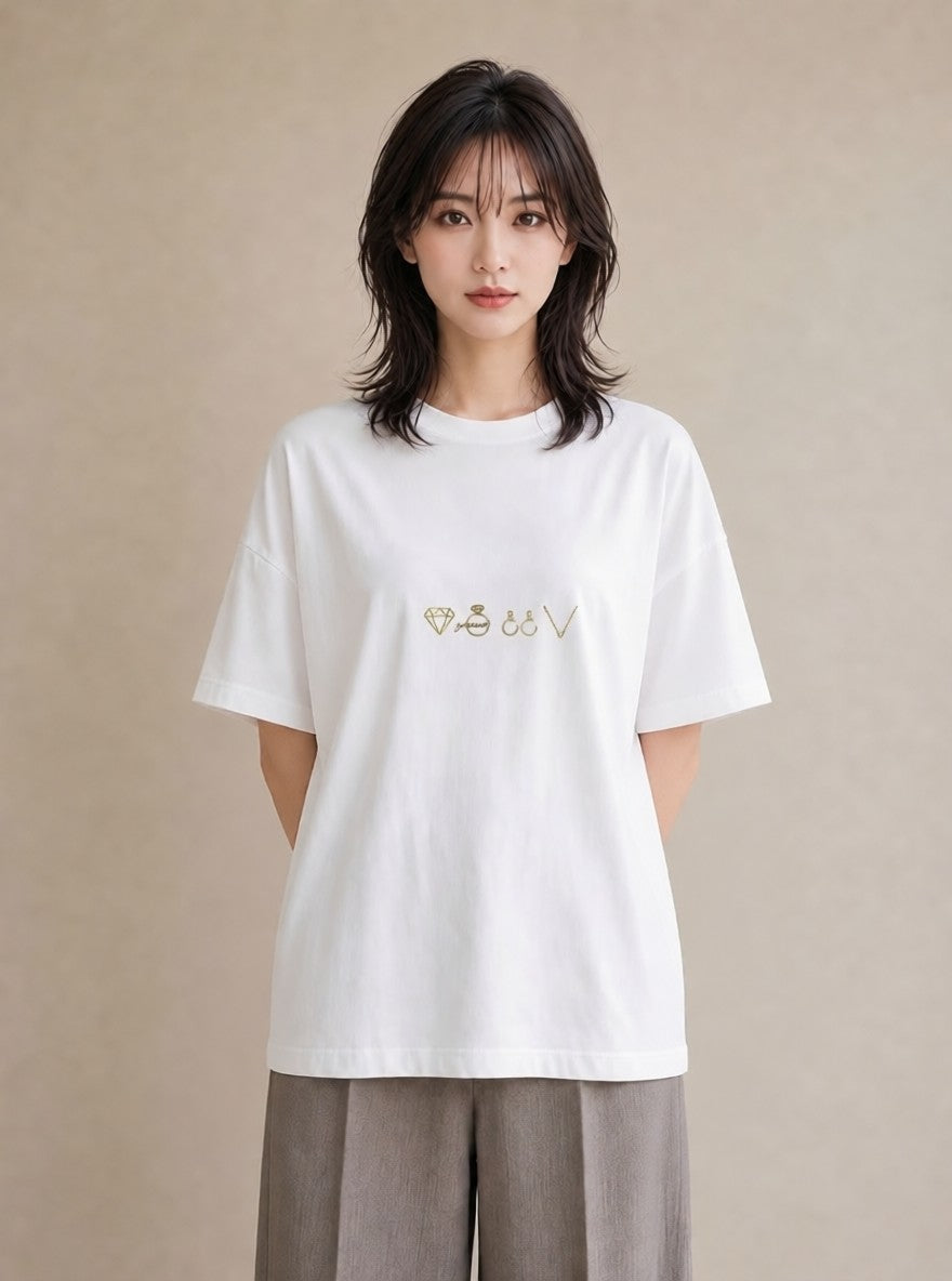 Tシャツ レディース パールピアス アクセサリー ナチュラル アンティーク イラスト アート風 誕生日プレゼント 綿100 白T YMAZO