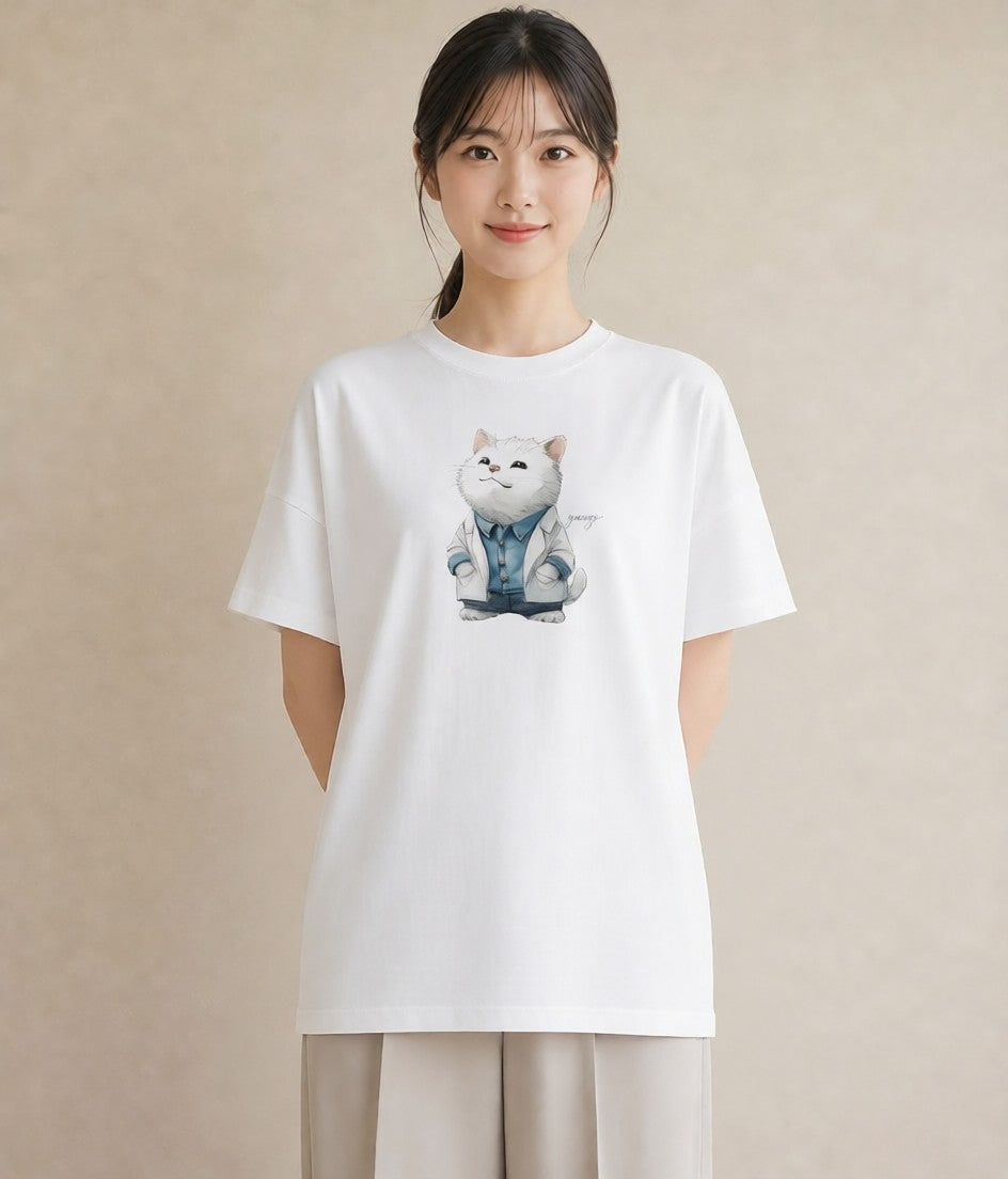 グラフィックTシャツ レディース サバトラ 猫 ねこ イラスト フェミニン デイリーウェア 休日 白T YMAZO