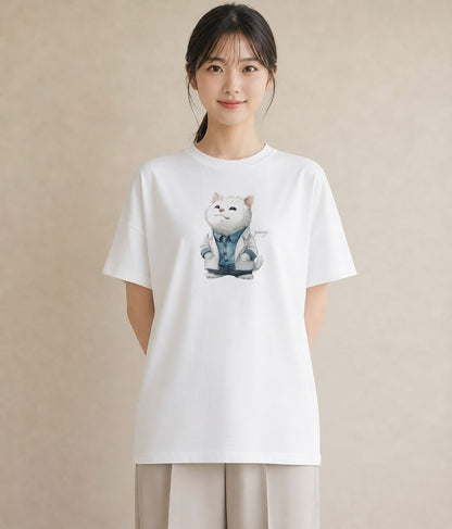 グラフィックTシャツ レディース サバトラ 猫 ねこ イラスト フェミニン デイリーウェア 休日 白T YMAZO