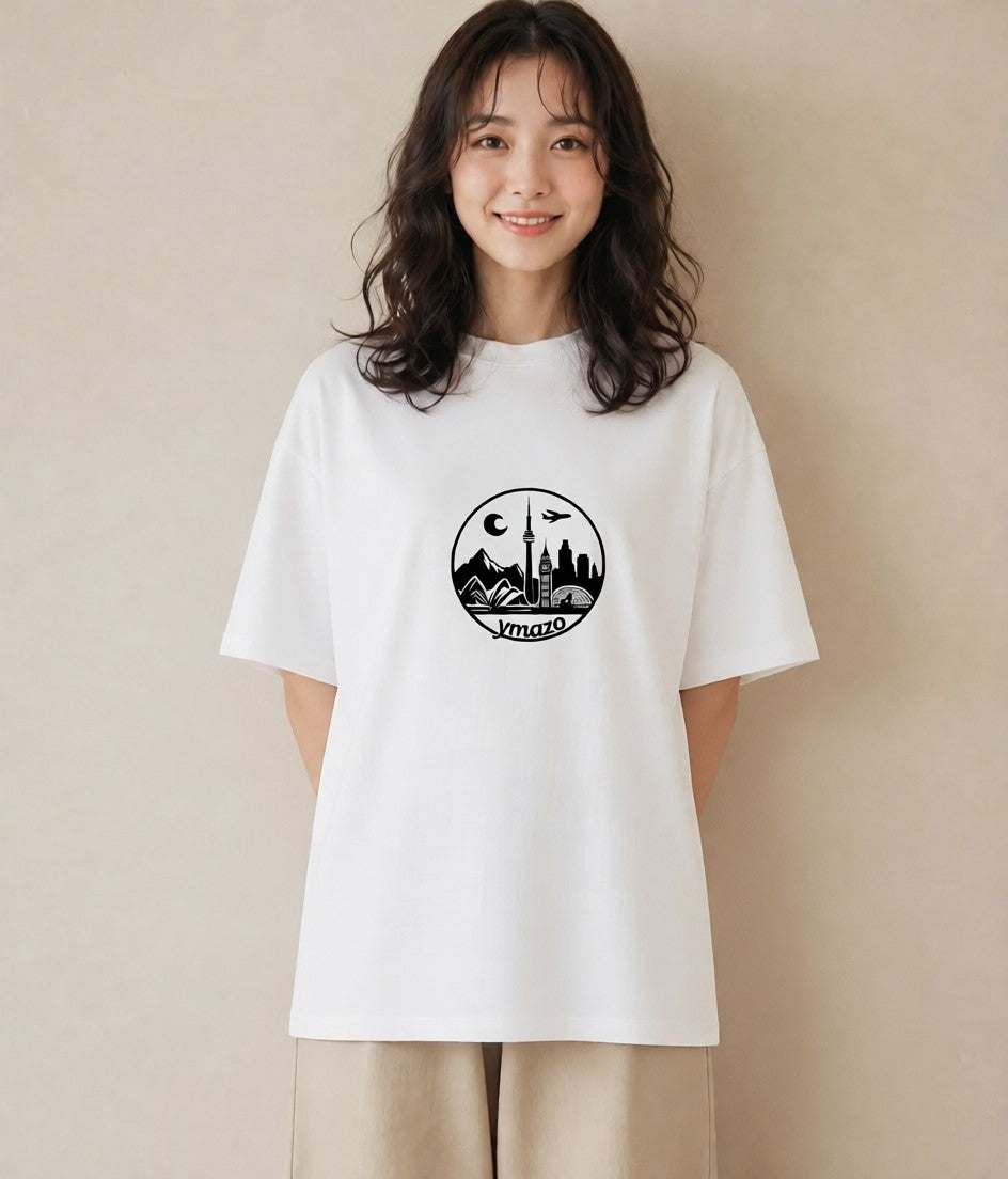 デザインTシャツ レディース 旅 トラベル スタンプ イラスト アート風 デイリーウェア 休日 白T YMAZO