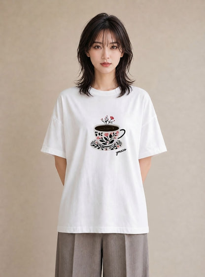 Tシャツ レディース 紅茶 食べ物 フード イラスト ラフカジュアル 公園 ママ 白T YMAZO