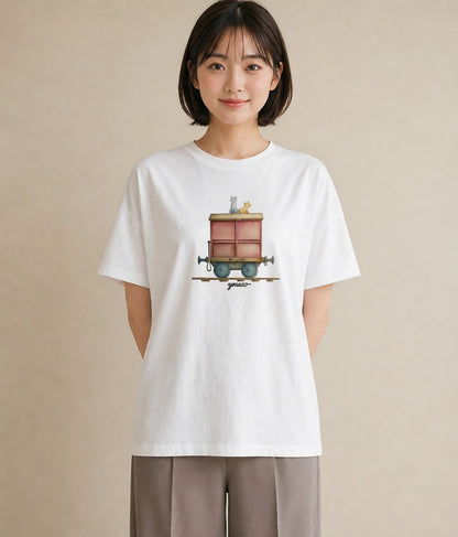 デザインTシャツ レディース 駅のホーム ローカル線 駅 ナチュラル アンティーク イラスト レトロ 20代 カジュアルコーデ 白T YMAZO