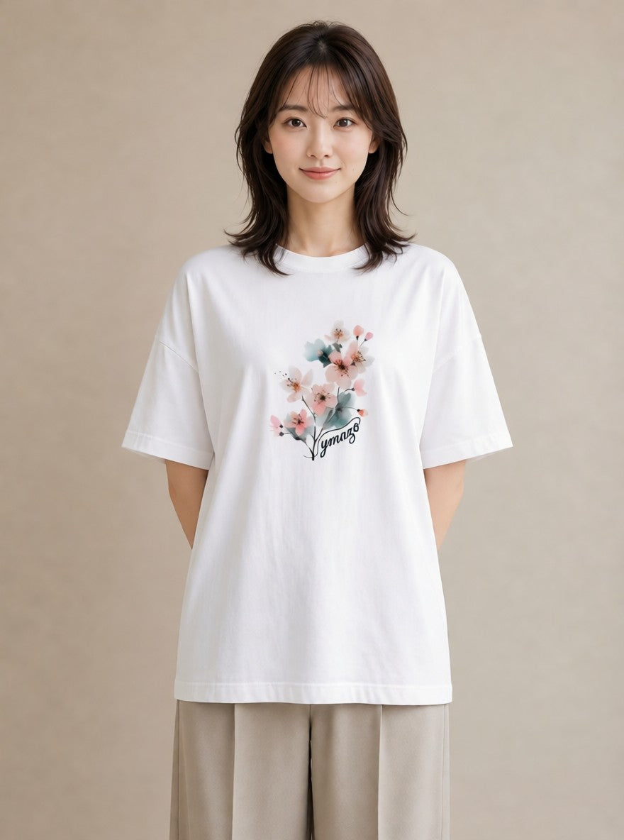 Tシャツ レディース 梅 花 花柄 イラスト ボタニカル 在宅 公園 白T