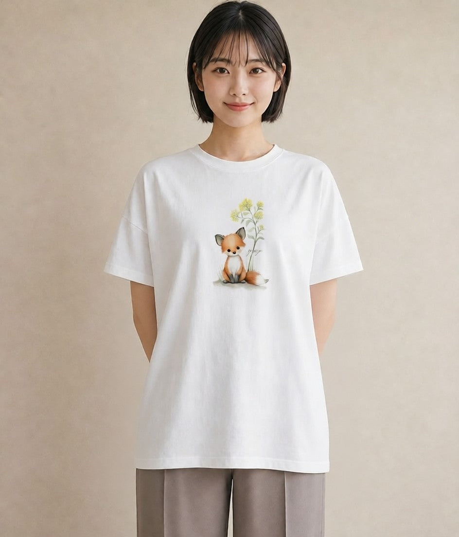 グラフィックTシャツ レディース きつね 動物 アニマル イラスト ゆるかわ 夏コーデ 通学 白T YMAZO