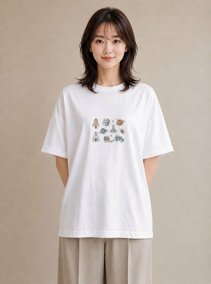 Tシャツ レディース 宇宙 星空 イラスト アート風 通勤 在宅 白T YMAZO