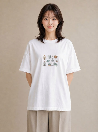 Tシャツ レディース 宇宙 星空 イラスト アート風 通勤 在宅 白T YMAZO