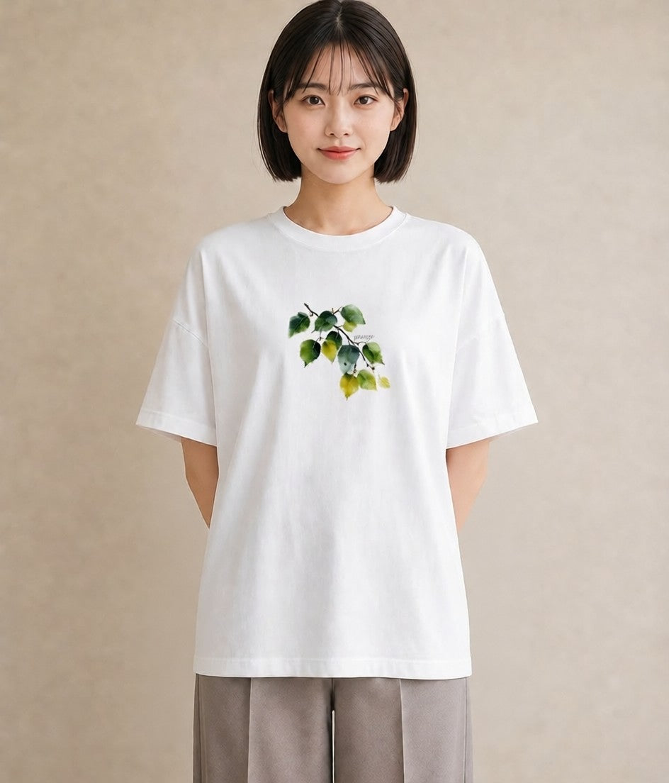 グラフィックTシャツ レディース 新緑 植物 ボタニカル イラスト 抜け感 ミセス 春コーデ 白T YMAZO