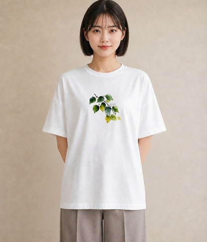 グラフィックTシャツ レディース 新緑 植物 ボタニカル イラスト 抜け感 ミセス 春コーデ 白T YMAZO