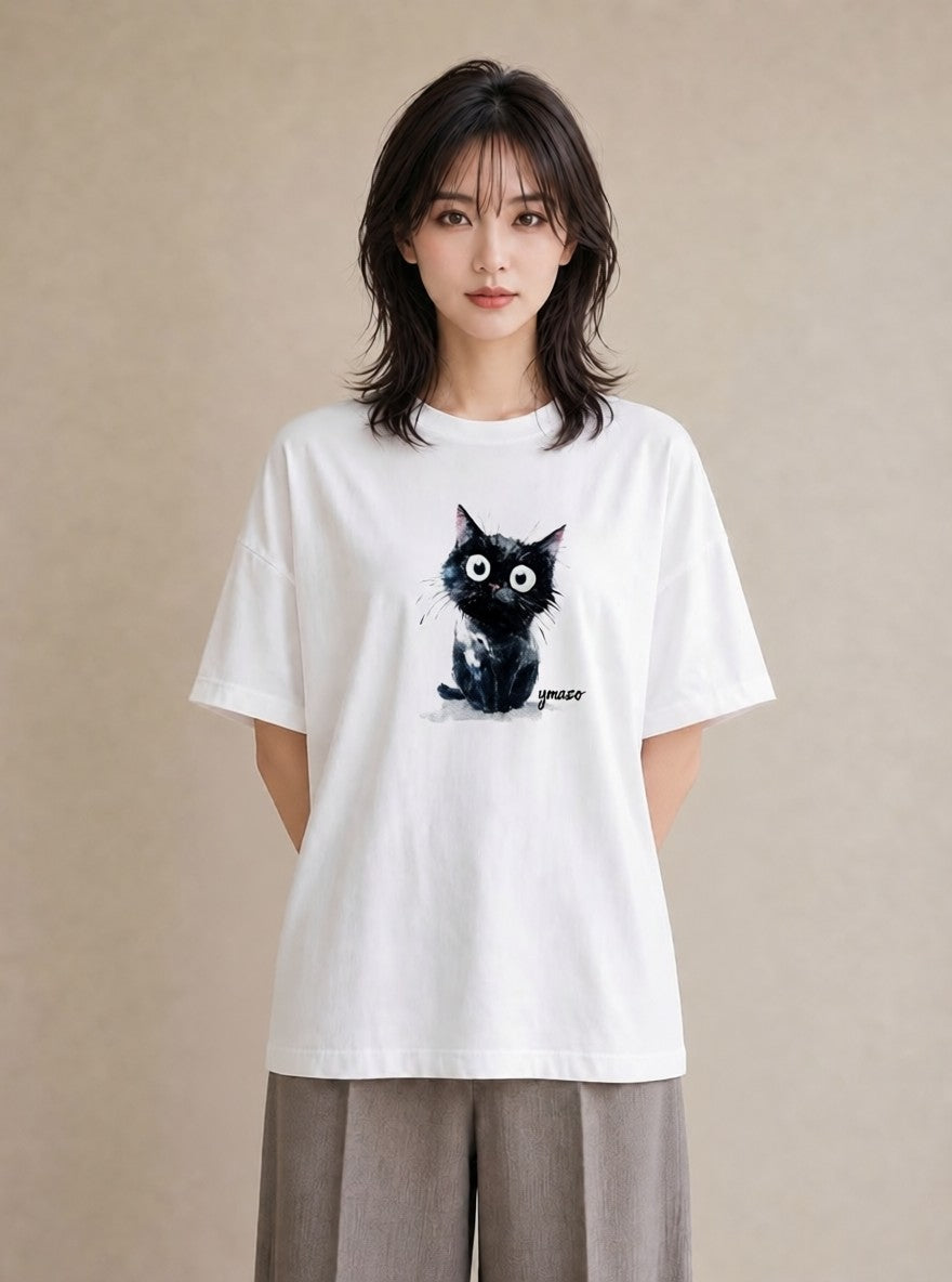 デザインTシャツ レディース ハチワレ 白黒猫 猫 ねこ イラスト 手描き風 母娘コーデ 自分用 白T YMAZO