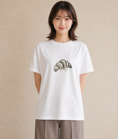 プリントTシャツ レディース パン ベーカリー レトロ イラスト 水彩風 ペアコーデ 秋コーデ 白T YMAZO