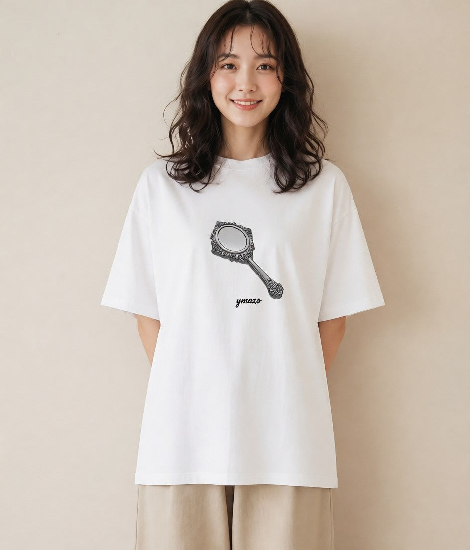 デザインTシャツ レディース 手鏡 アンティーク レトロ ナチュラル イラスト 個性的 自分用 ルームウェア 白T YMAZO