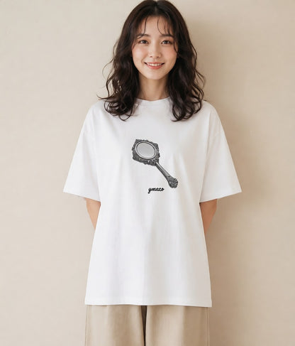 デザインTシャツ レディース 手鏡 アンティーク レトロ ナチュラル イラスト 個性的 自分用 ルームウェア 白T YMAZO
