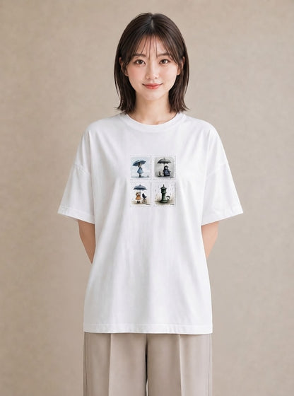 半袖Tシャツ レディース 傘 水たまり 雨 ナチュラル アンティーク イラスト ヴィンテージ風 デイリーウェア 休日 白T YMAZO