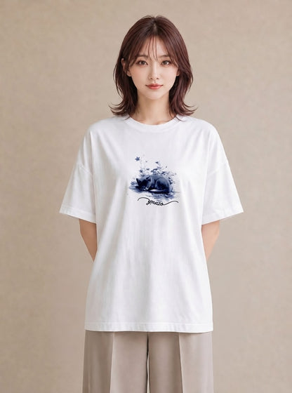 プリントTシャツ レディース ロシアンブルー 猫 ねこ イラスト 北欧風 普段着 週末コーデ 白T YMAZO