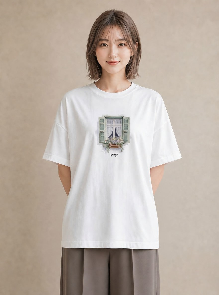 プリントTシャツ レディース 窓辺の雨 雨の日 窓 ナチュラル アンティーク イラスト ミニマル レイヤード 友達ギフト 白T YMAZO