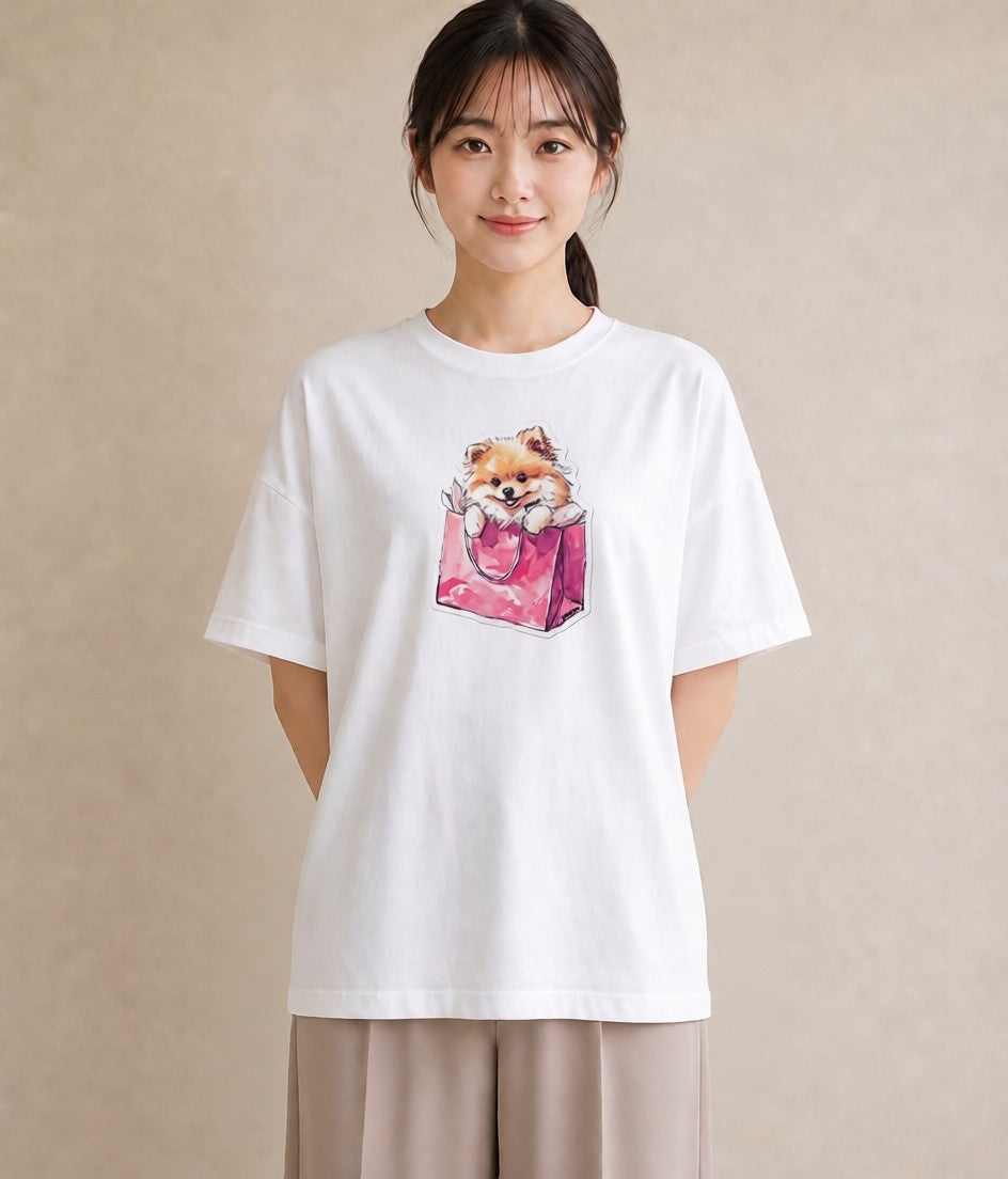 半袖Tシャツ レディース ポメラニアン ポメ 犬 いぬ イラスト ミニマル お出かけ 普段着 白T YMAZO