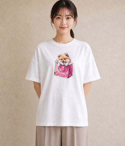半袖Tシャツ レディース ポメラニアン ポメ 犬 いぬ イラスト ミニマル お出かけ 普段着 白T YMAZO