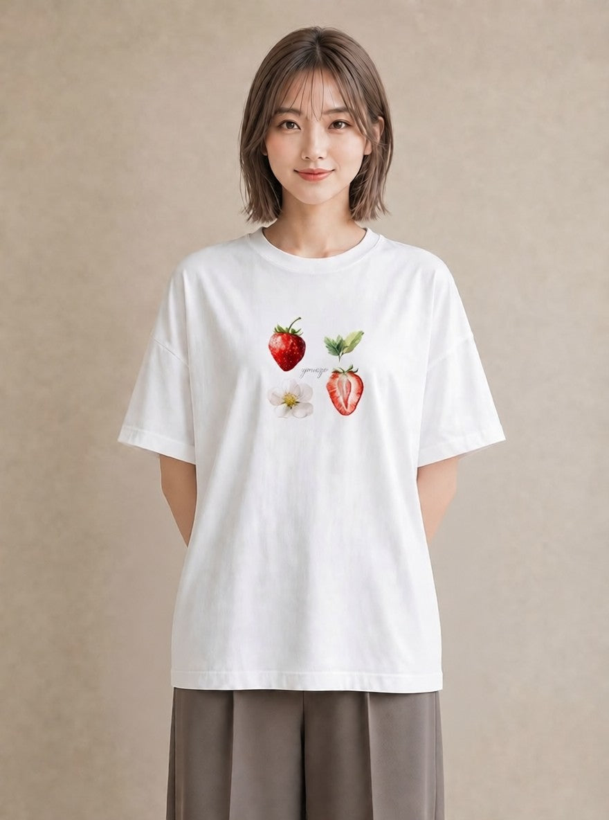 半袖Tシャツ レディース いちご 苺 ストロベリー 食べ物 フード イラスト ギフト 母の日 白T YMAZO