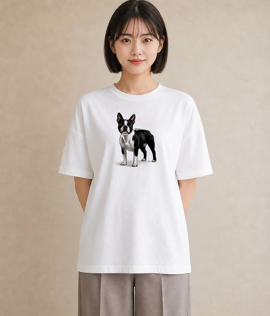 半袖Tシャツ レディース ボストンテリア 犬 いぬ イラスト フェミニン デート 帰省 白T YMAZO