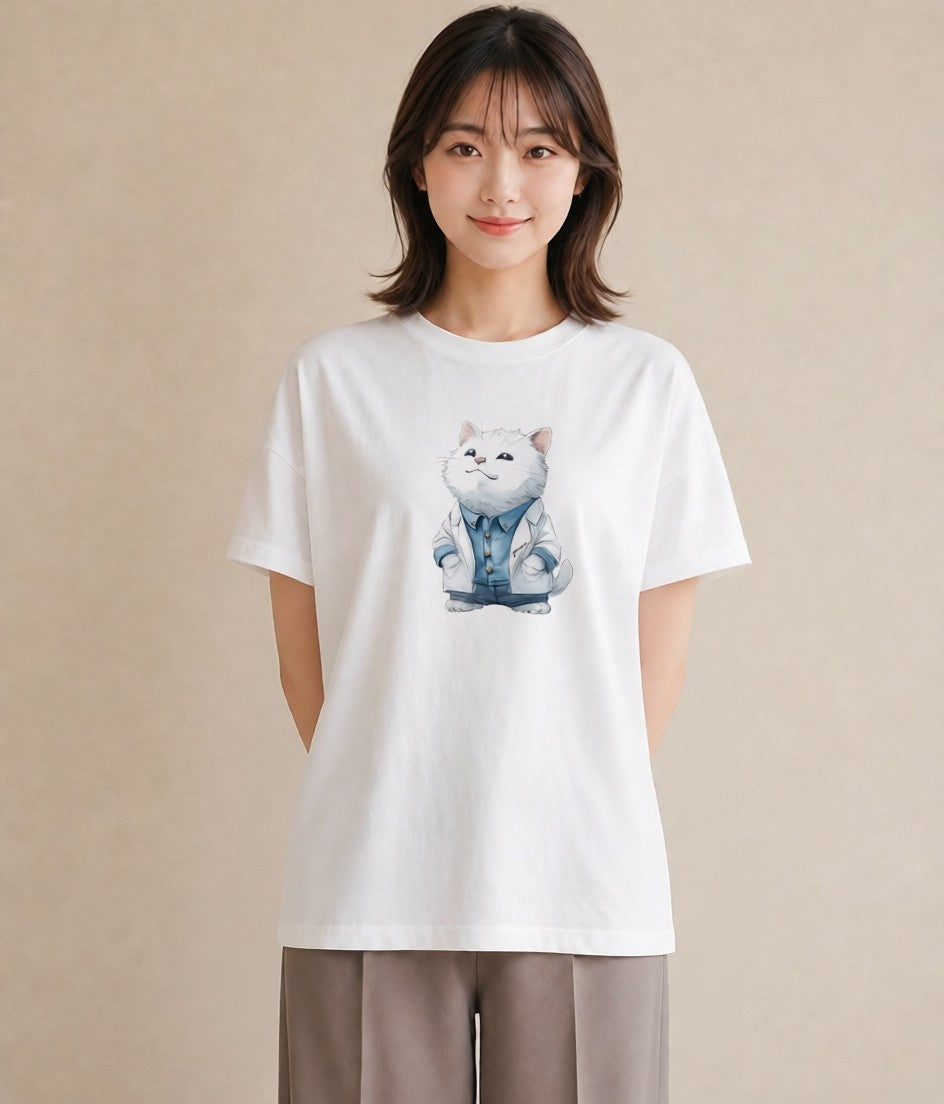 デザインTシャツ レディース アメリカンショートヘア 猫 ねこ イラスト 韓国風 綿100 デート 白T YMAZO