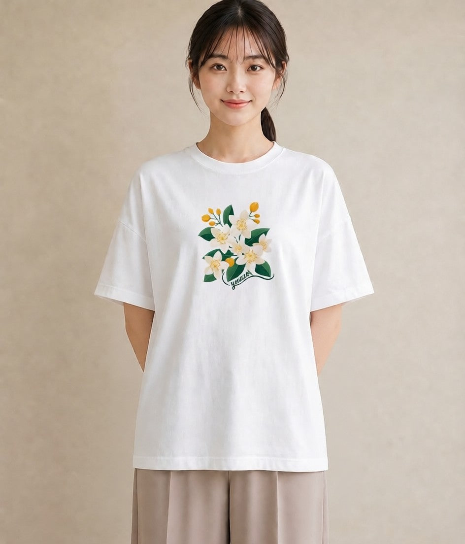 半袖Tシャツ レディース 金木犀 花 花柄 イラスト 線画 旅行 母娘コーデ 白T YMAZO