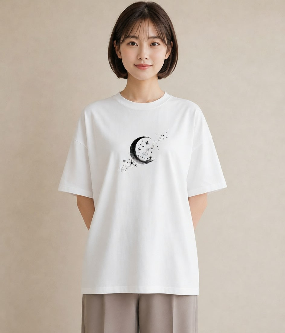 プリントTシャツ レディース 月と星 星空 ムーン イラスト カフェ巡り 女子会 白T YMAZO