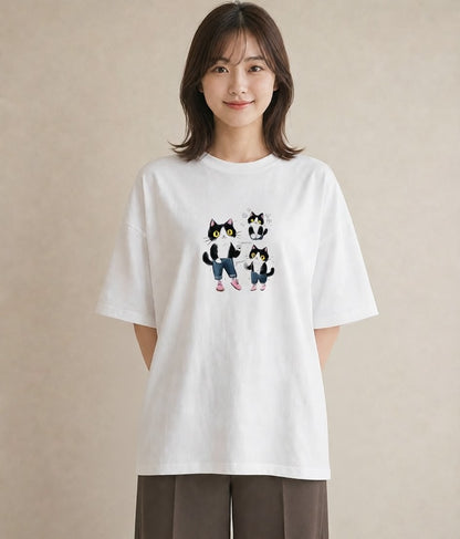 Tシャツ レディース ハチワレ 白黒猫 猫 ねこ イラスト ゆるかわ ビーチ デイリーウェア 白T YMAZO