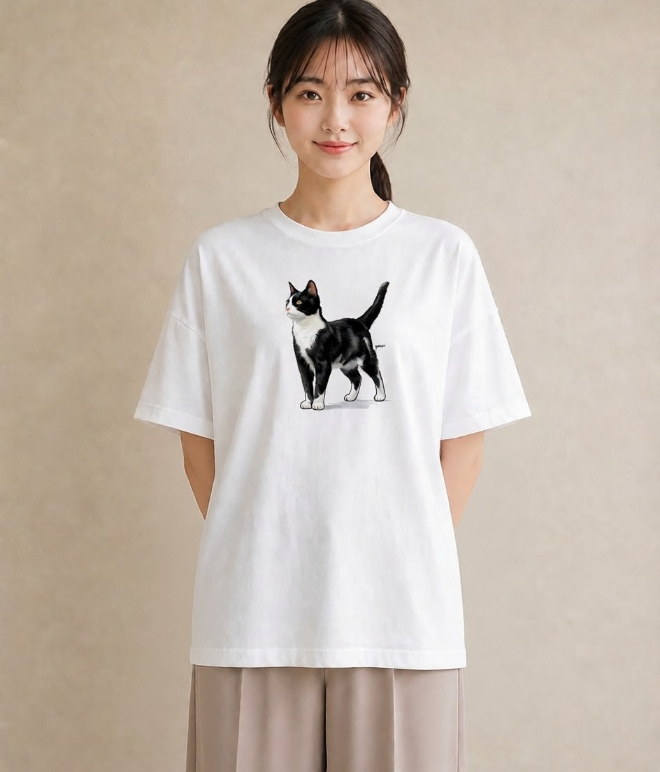 半袖Tシャツ レディース しっぽ 猫 ねこ イラスト ヴィンテージ風 在宅 公園 白T YMAZO