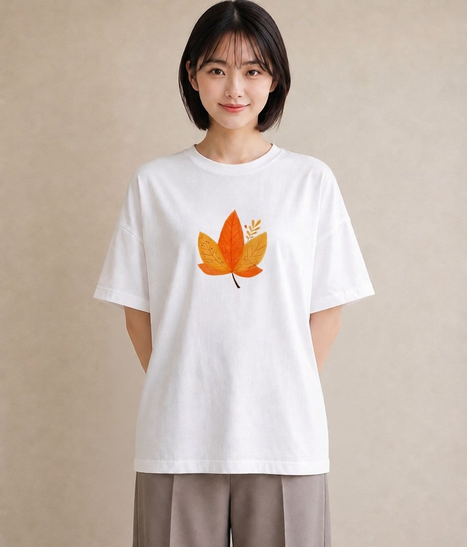 デザインTシャツ レディース 落ち葉 植物 ボタニカル イラスト 旅行コーデ 母娘コーデ 自分用 白T YMAZO