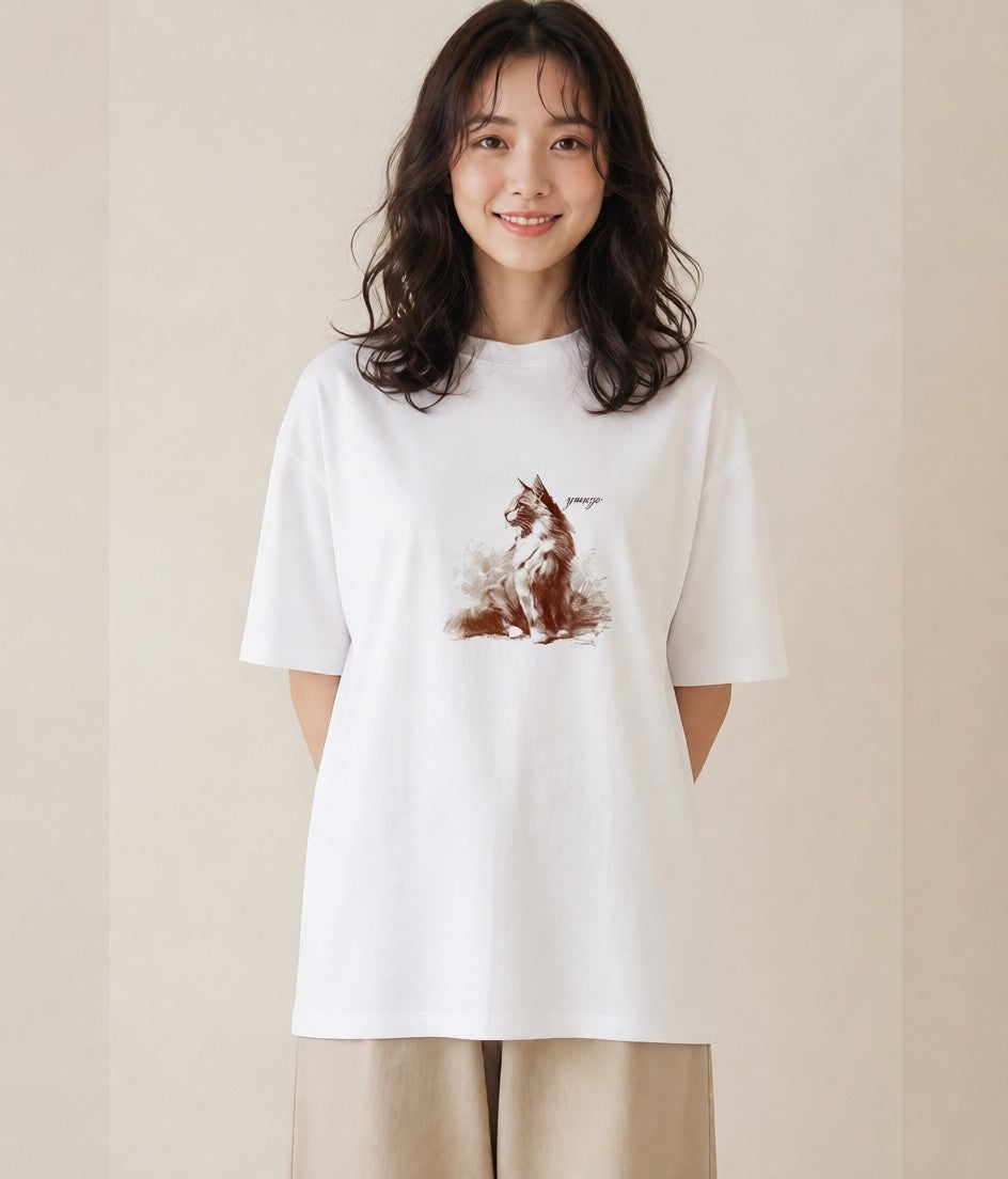 グラフィックTシャツ レディース ソマリ 猫 ねこ イラスト 水彩風 買い物 夏コーデ 白T YMAZO