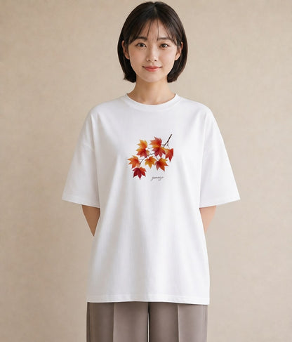 Tシャツ レディース 落ち葉 植物 ボタニカル イラスト モード 在宅 公園 白T YMAZO
