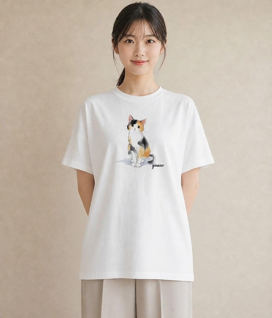 半袖Tシャツ レディース 白猫 猫 ねこ イラスト ミニマル 20代 カジュアルコーデ 白T YMAZO
