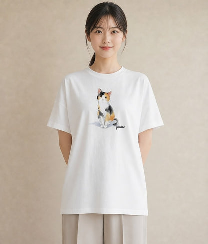 半袖Tシャツ レディース 白猫 猫 ねこ イラスト ミニマル 20代 カジュアルコーデ 白T YMAZO