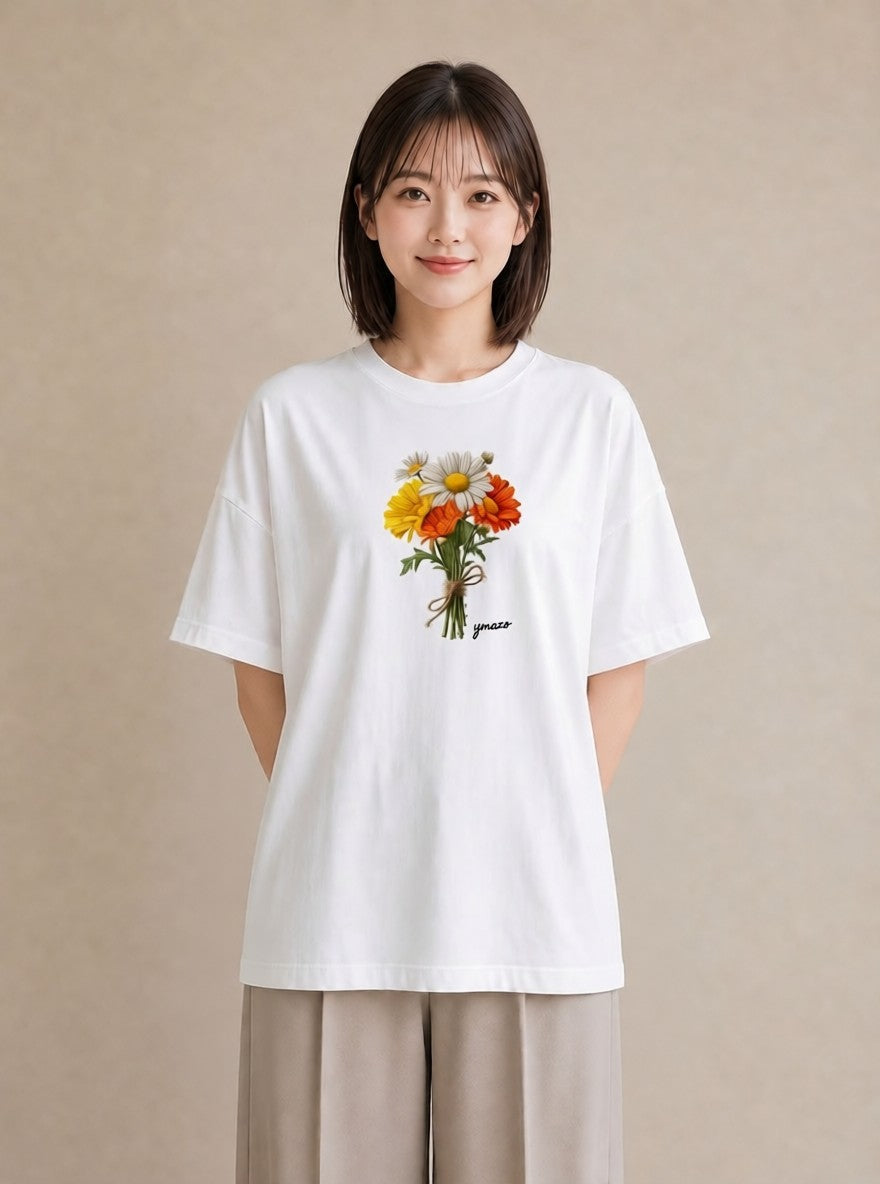 デザインTシャツ レディース マーガレット 花 花柄 イラスト 上品 社会人 女性 白T YMAZO