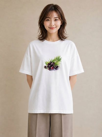 プリントTシャツ レディース ぶどう 葡萄 食べ物 フード イラスト シック 送別ギフト 通勤 白T YMAZO