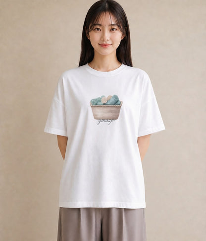 Tシャツ レディース 自転車のかご 自転車 花かご ナチュラル アンティーク イラスト 個性的 週末コーデ 敬老の日 白T YMAZO
