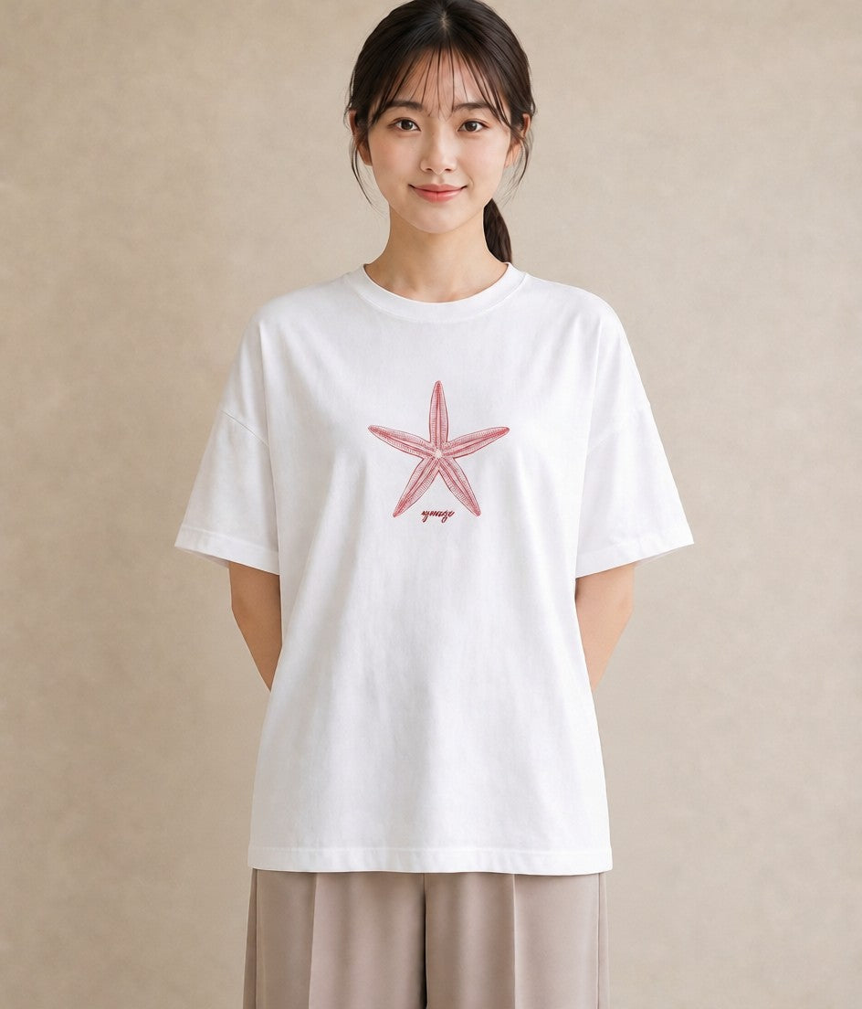 プリントTシャツ レディース ヒトデ 海の生き物 海 イラスト カフェコーデ レイヤード 友達ギフト 白T YMAZO