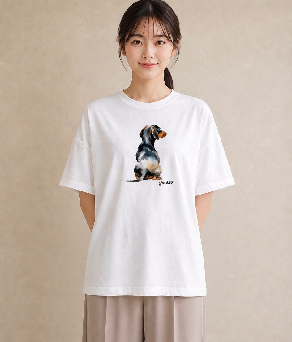 デザインTシャツ レディース ミニチュアダックスフンド 犬 いぬ イラスト フェミニン 通学 誕生日プレゼント 白T YMAZO
