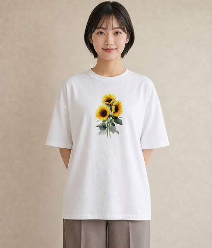 デザインTシャツ レディース ひまわり 向日葵 花 花柄 イラスト こなれ感 秋コーデ おしゃれギフト 白T